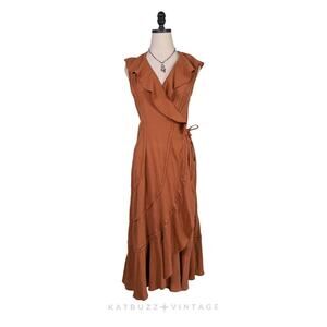 Midi Wrap Dress XS Orange Terra Cotta Ruffle Beach Lagenlook Cotton Summer Gauze